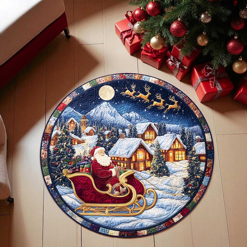 Outdoor Camping Decor Ideas - Рождественский круглый коврик Santa Sleigh, винтажный
